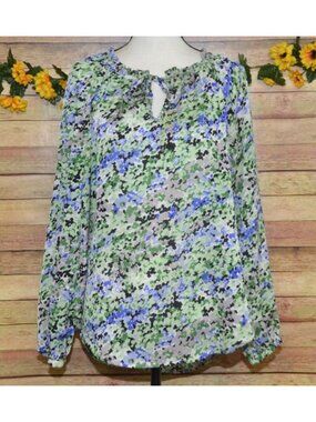 Maria Gabrielle Ladies Abstract Floral Blouse Top Size L Pleated Chiffon Artsy